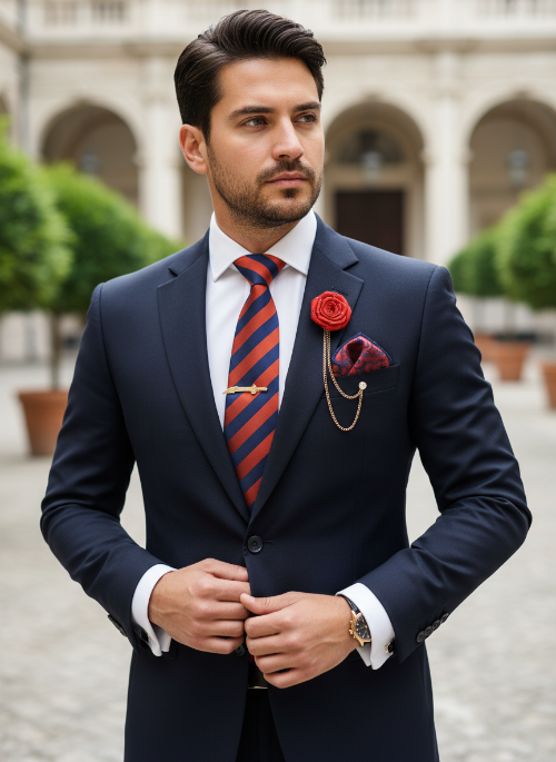 Man in a navy suit with a red tie and pocket square standing outdoors.