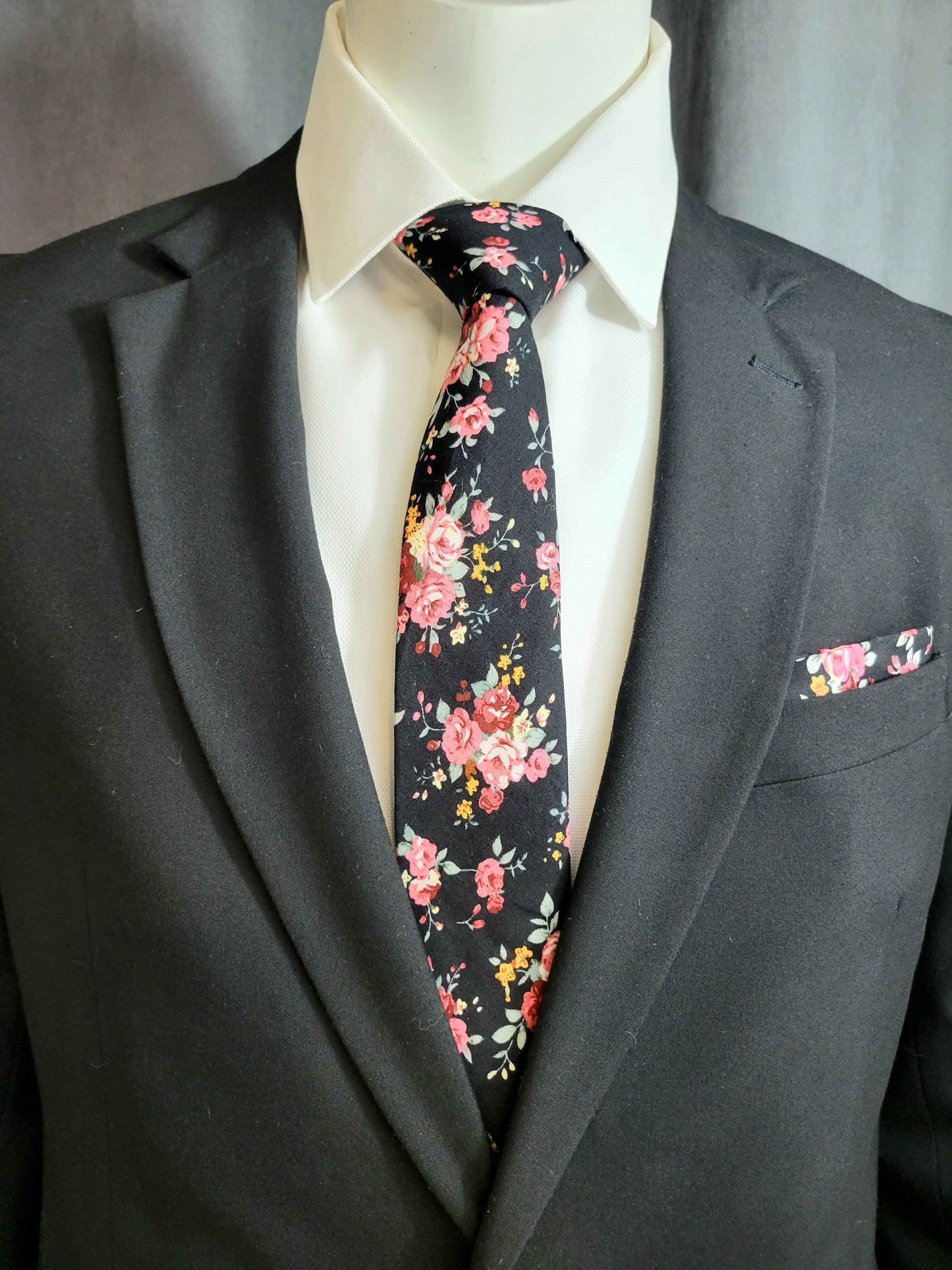 Multi-Color (Black Base) Floral Necktie and Pocket Square Set