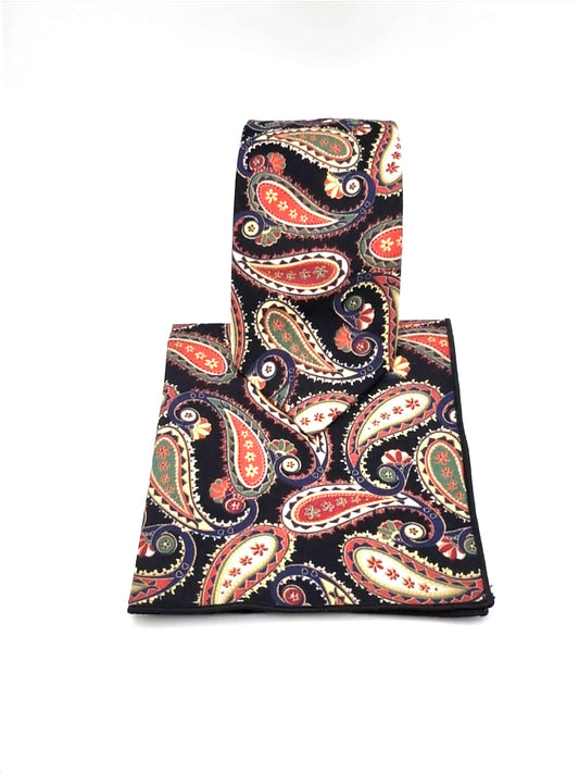 Black and Red Paisley Necktie and Pocket Square Set