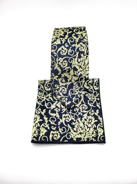 Blue and Gold Paisley Necktie and Pocket Square Set