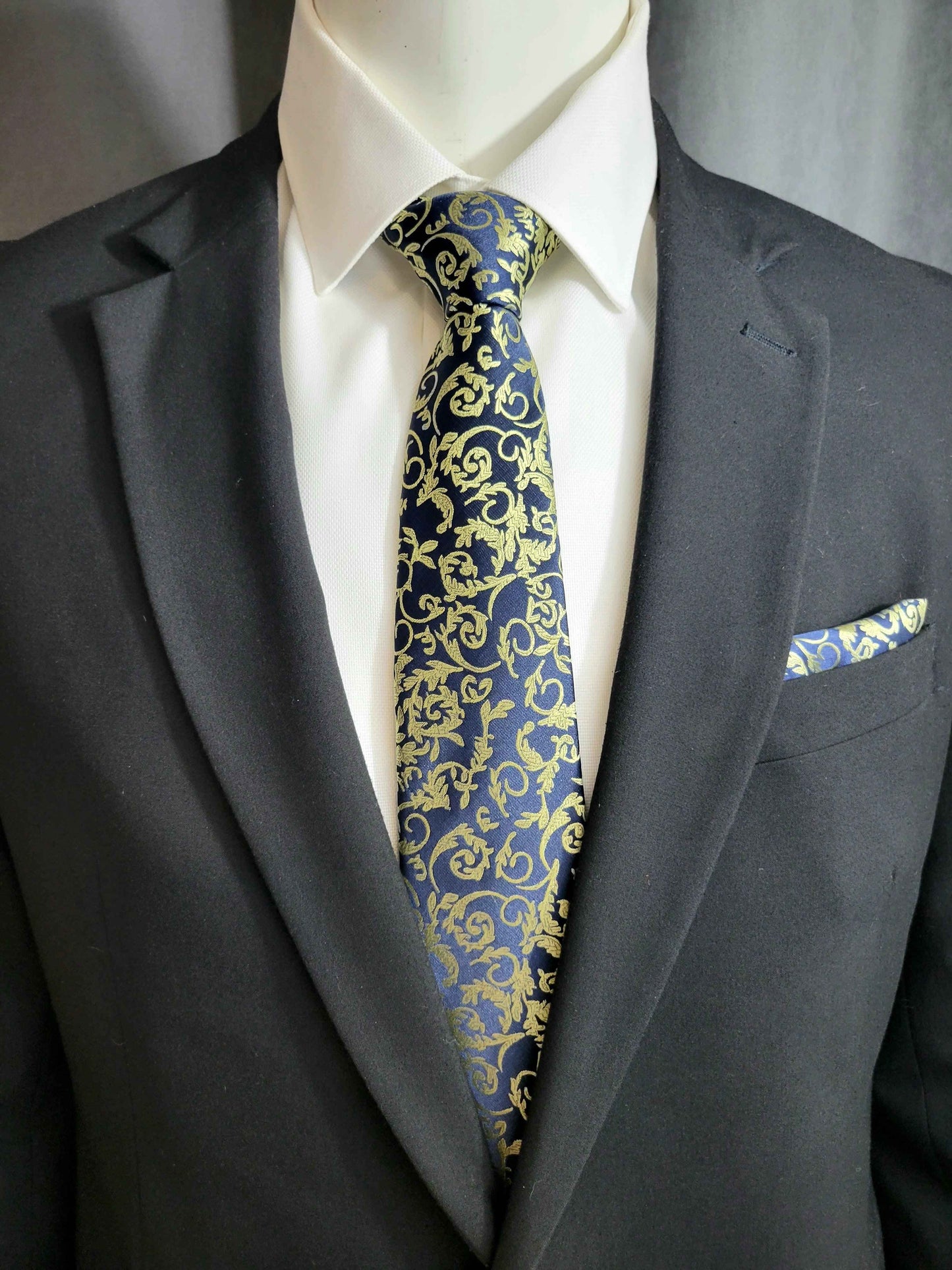 Blue and Gold Paisley Necktie and Pocket Square Set