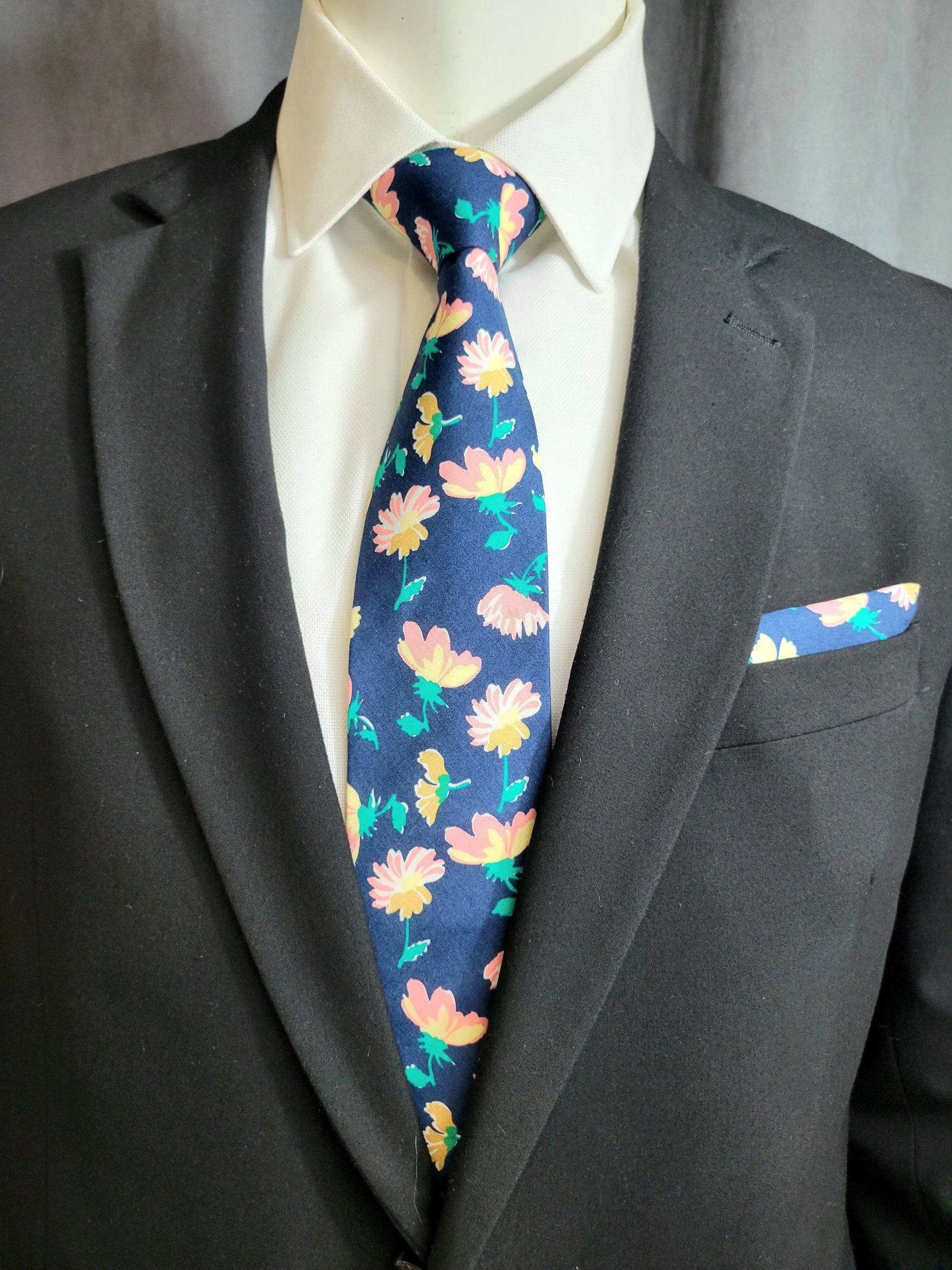 Blue and Green Floral Necktie and Pocket Square - The Upscale Banker