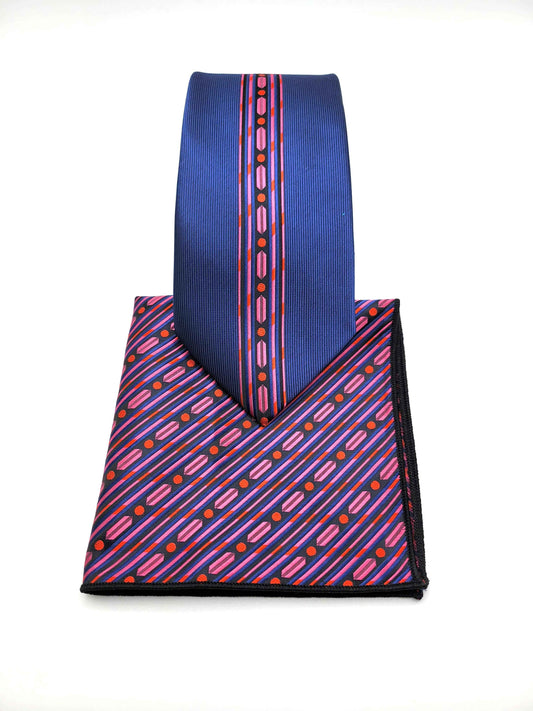 Blue and Magenta Geometric Necktie and Pocket Square Set