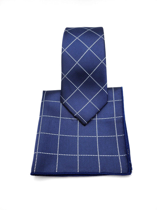 Blue and Silver Geometric Necktie and Pocket Square Set