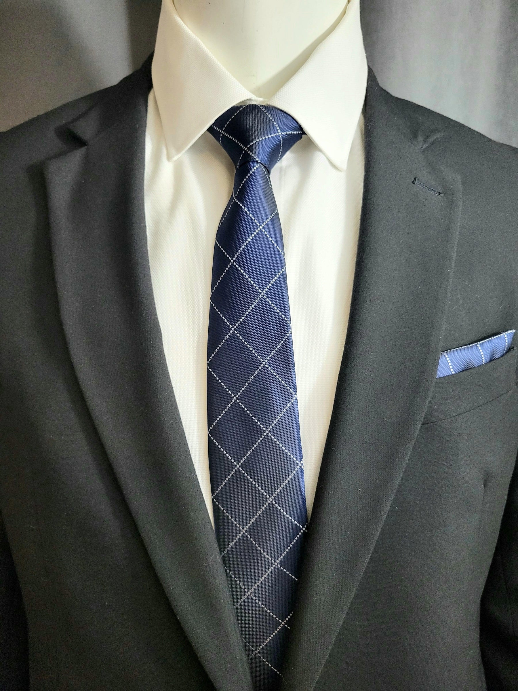 Blue and Silver Geometric Necktie and Pocket Square - The Upscale Banker