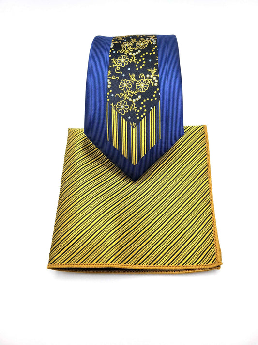 Blue and Yellow Geometric Necktie and Pocket Square Set