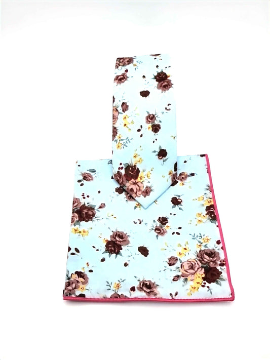 Multi-Color (Light Blue Base)Floral Necktie and Pocket Square Set
