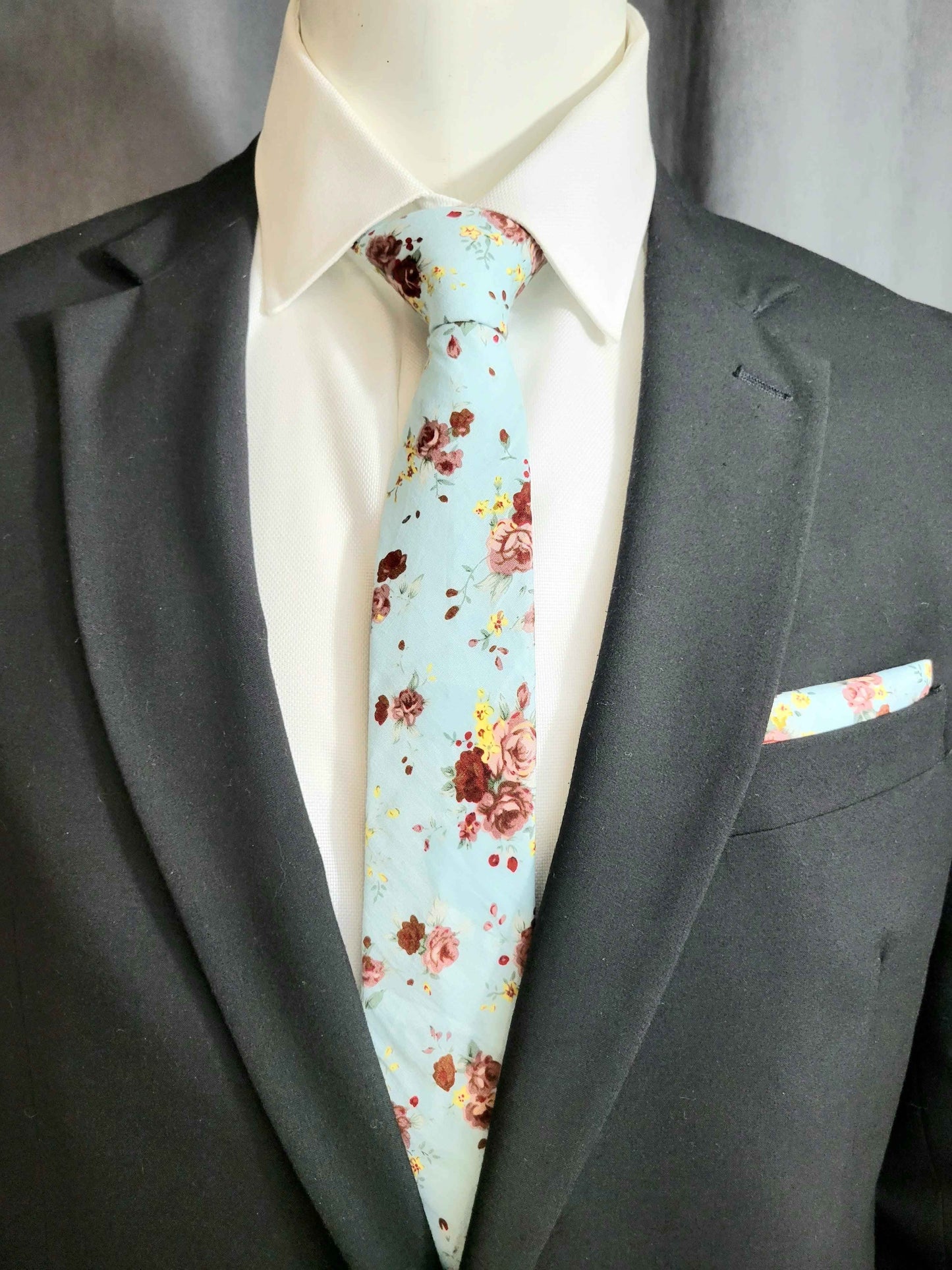 Multi-Color (Light Blue Base)Floral Necktie and Pocket Square Set