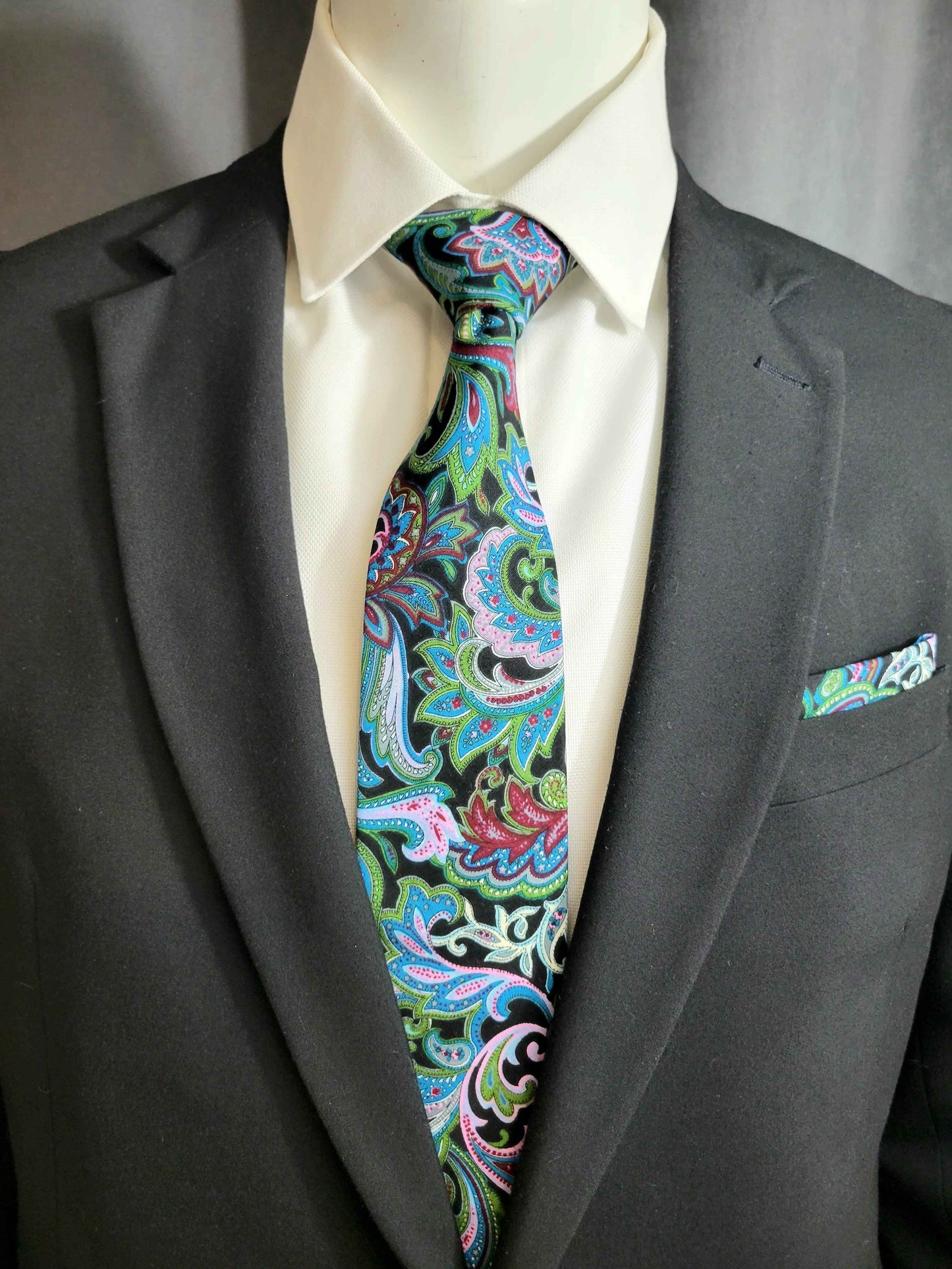 Peacock Colored Paisley Necktie and Pocket Square Set