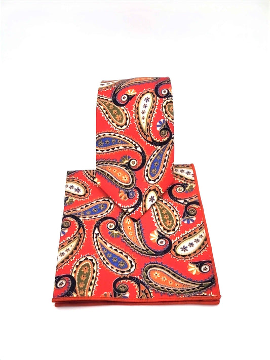 Multi-Color (Red Base) Paisley Necktie and Pocket Square Set