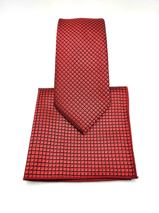 Red Geometric Necktie and Pocket Square Set