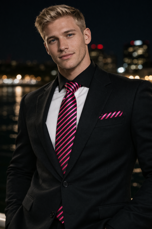 Black and Pink Diagonal Necktie and Pocket Square Set