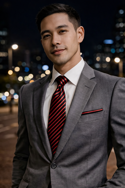 Black and Red Diagonal Necktie and Pocket Square Set