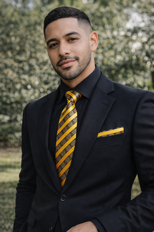 Black and Gold Diagonal Necktie and Pocket Square Set