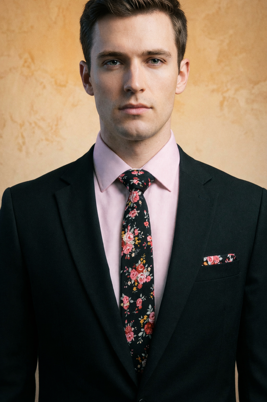Multi-Color (Black Base) Floral Necktie and Pocket Square Set
