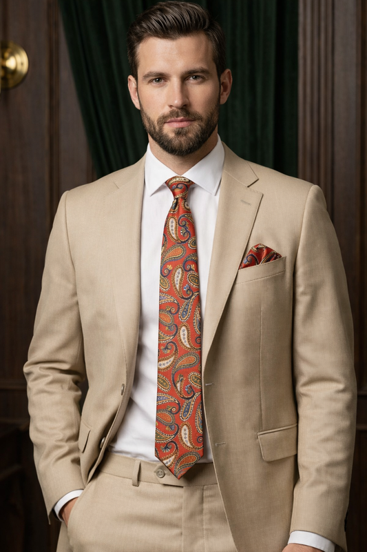 Multi-Color (Red Base) Paisley Necktie and Pocket Square Set