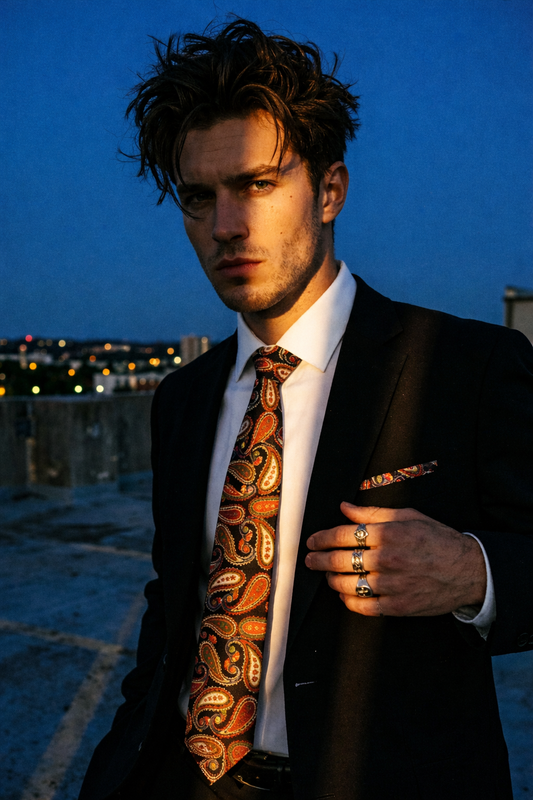 Black and Red Paisley Necktie and Pocket Square Set