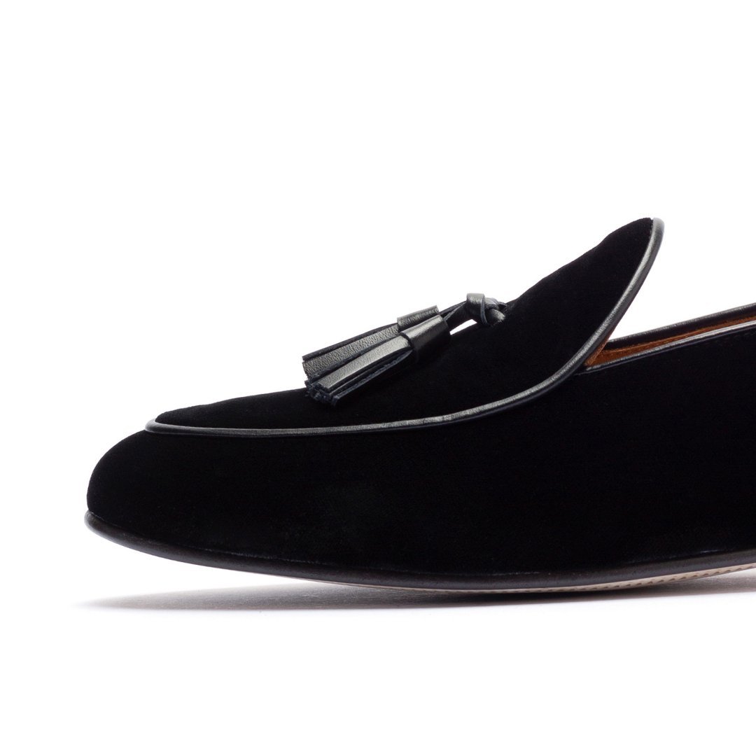 Men's Black Velvet Tassel Loafer - Dapper Direct