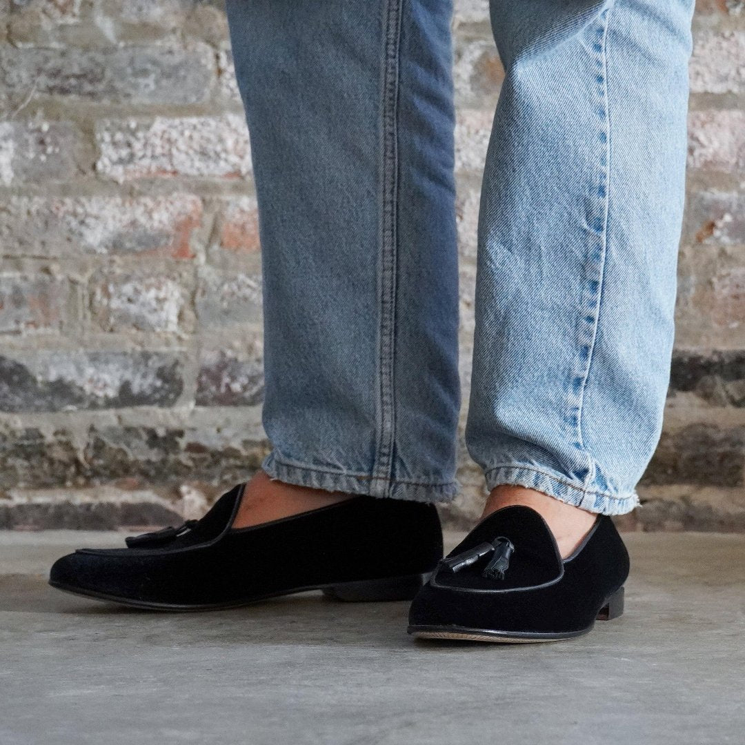 Men's Black Velvet Tassel Loafer - Dapper Direct