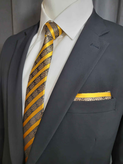 Black and Gold Diagonal Necktie and Pocket Square Set