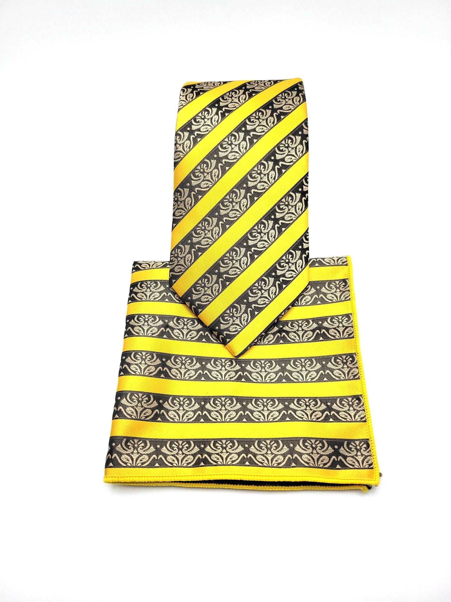 Black and Gold Diagonal Necktie and Pocket Square Set