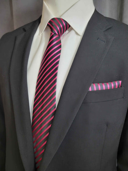 Black and Pink Diagonal Necktie and Pocket Square Set