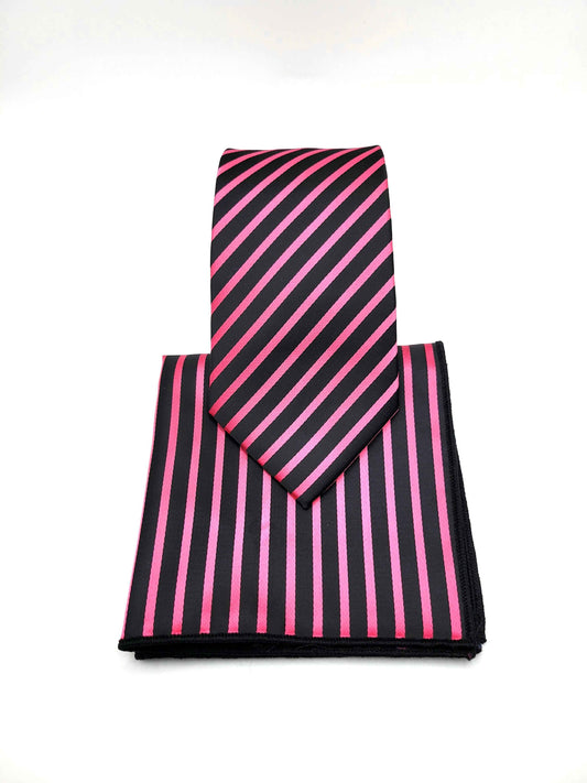 Black and Pink Diagonal Necktie and Pocket Square Set