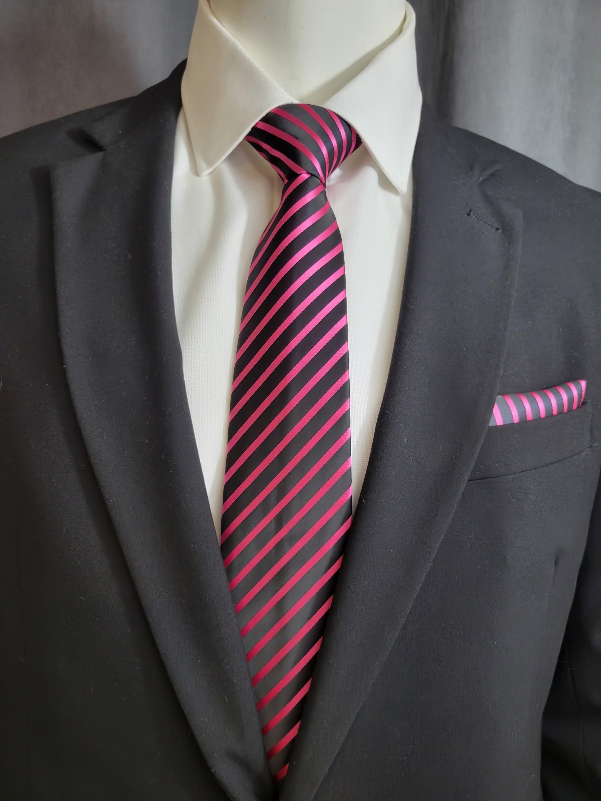 Black and Pink Diagonal Necktie and Pocket Square - The Upscale Banker