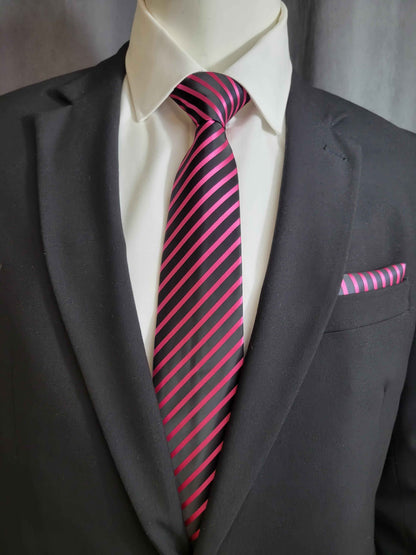 Black and Pink Diagonal Necktie and Pocket Square Set