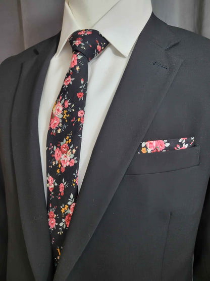 Multi-Color (Black Base) Floral Necktie and Pocket Square Set