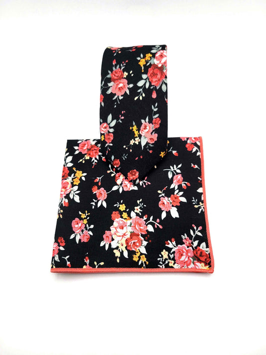 Multi-Color (Black Base) Floral Necktie and Pocket Square Set