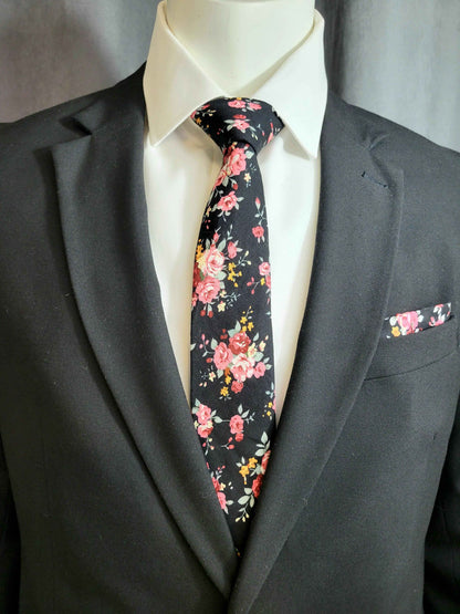 Multi-Color (Black Base) Floral Necktie and Pocket Square Set