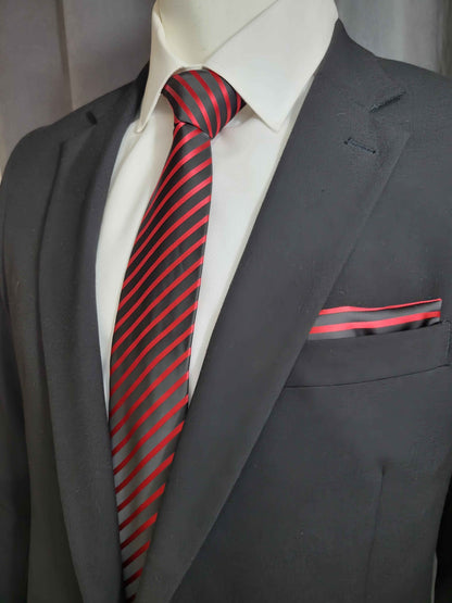 Black and Red Diagonal Necktie and Pocket Square Set