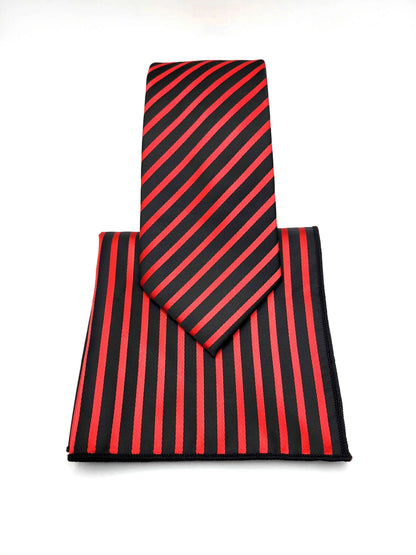 Black and Red Diagonal Necktie and Pocket Square Set