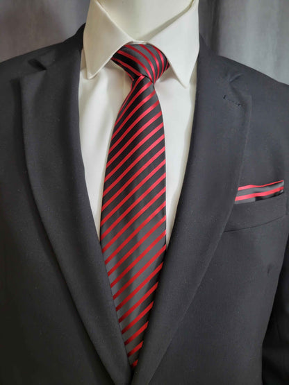 Black and Red Diagonal Necktie and Pocket Square Set