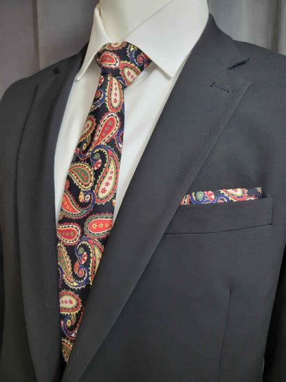 Black and Red Paisley Necktie and Pocket Square Set