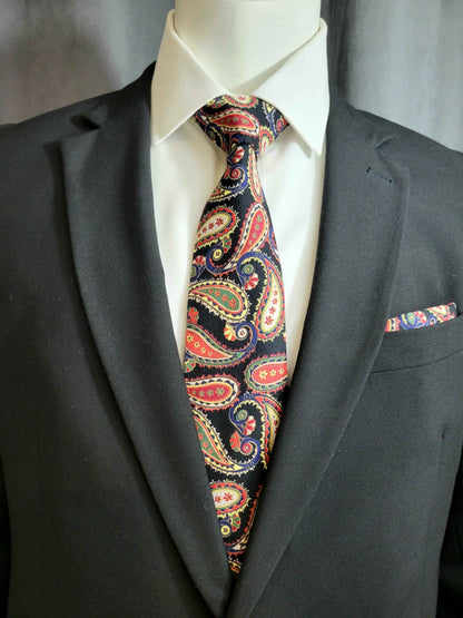 Black and Red Paisley Necktie and Pocket Square Set