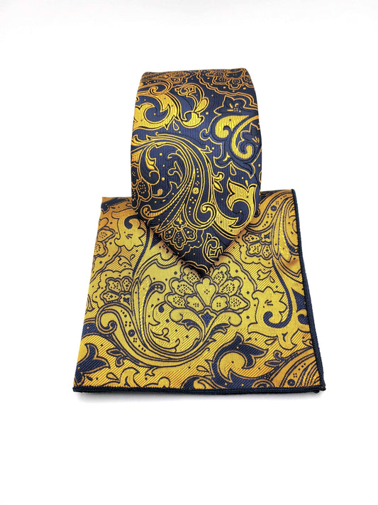 Blue and Copper Paisley Necktie and Pocket Square Set