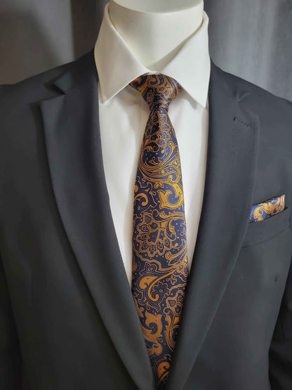 Blue and Copper Paisley Necktie and Pocket Square Set