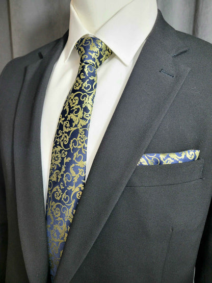Blue and Gold Paisley Necktie and Pocket Square Set