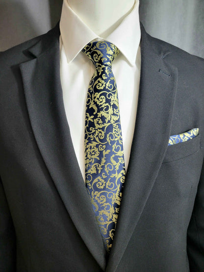 Blue and Gold Paisley Necktie and Pocket Square Set