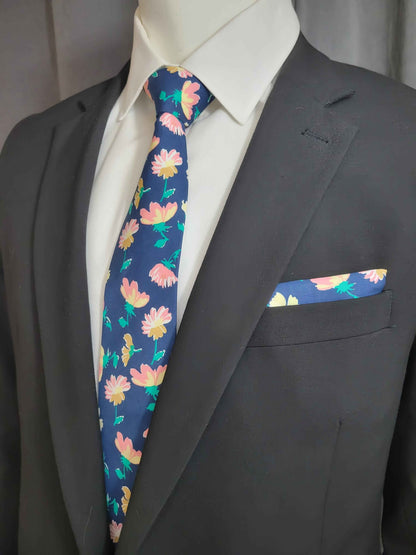 Multi-Color (Blue Base) Floral Necktie and Pocket Square Set