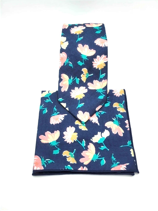 Multi-Color (Blue Base) Floral Necktie and Pocket Square Set