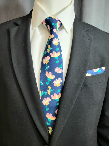 Multi-Color (Blue Base) Floral Necktie and Pocket Square Set