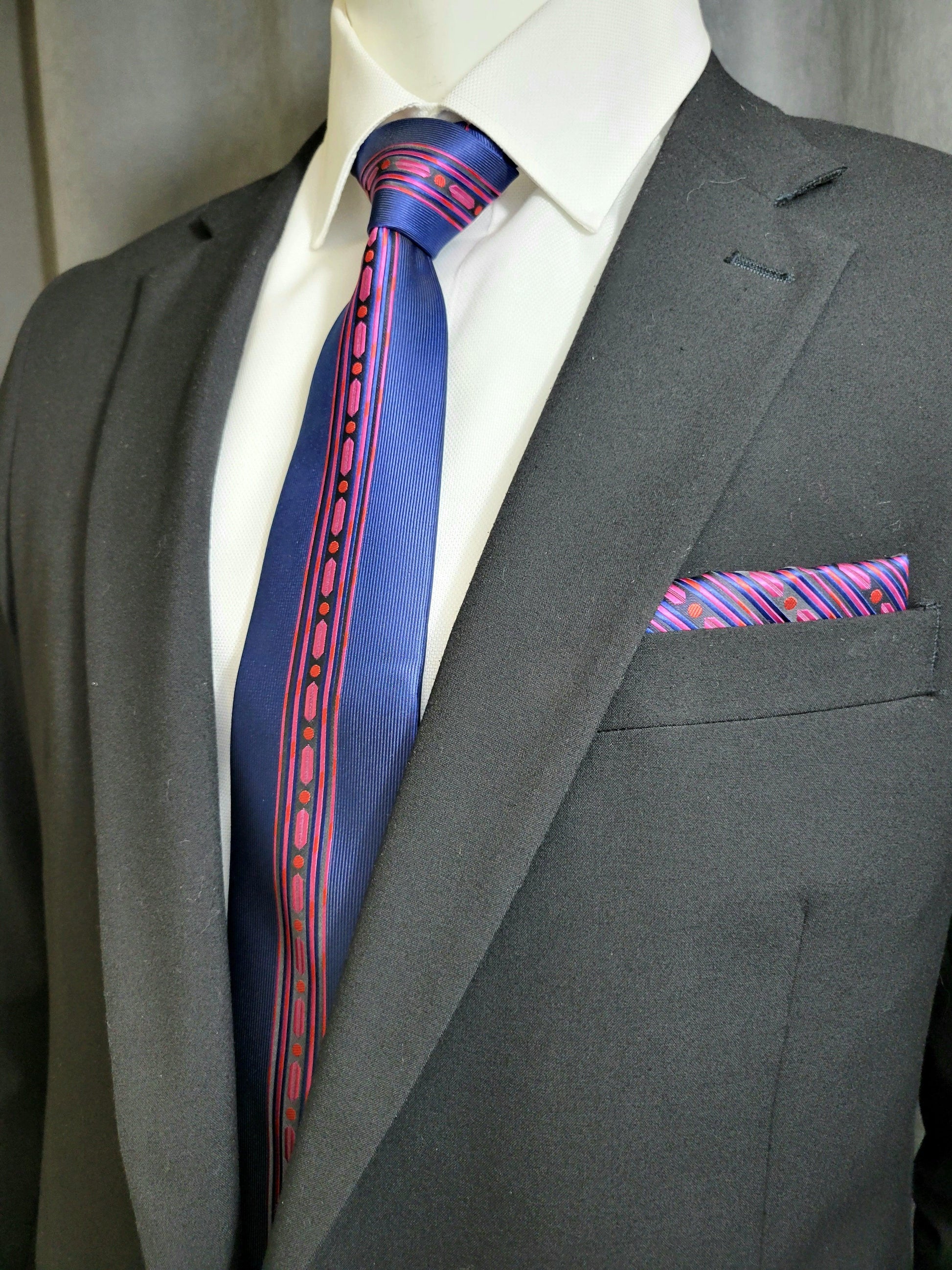 Blue and Magenta Geometric Necktie and Pocket Square - The Upscale Banker