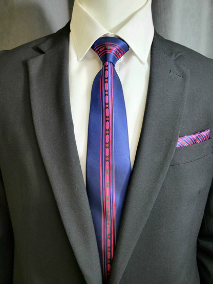 Blue and Magenta Geometric Necktie and Pocket Square Set