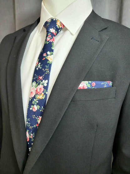 Multi-Color (Blue Base) Floral Necktie and Pocket Square Set