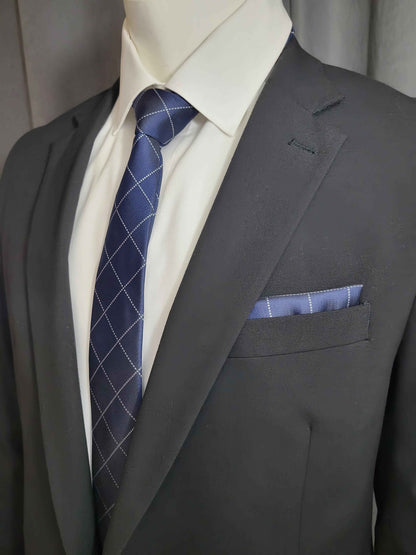 Blue and Silver Geometric Necktie and Pocket Square Set