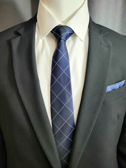 Blue and Silver Geometric Necktie and Pocket Square Set