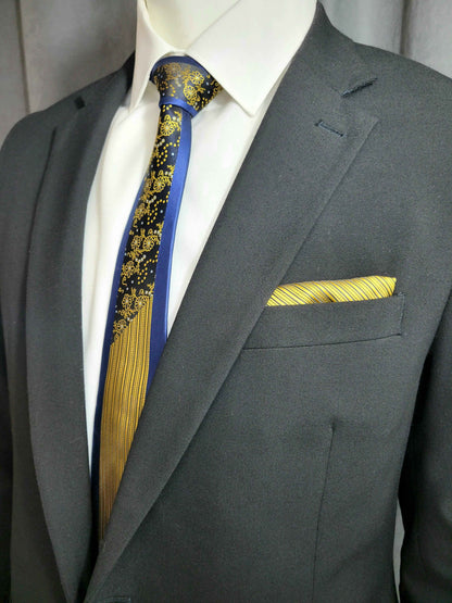Blue and Yellow Geometric Necktie and Pocket Square Set